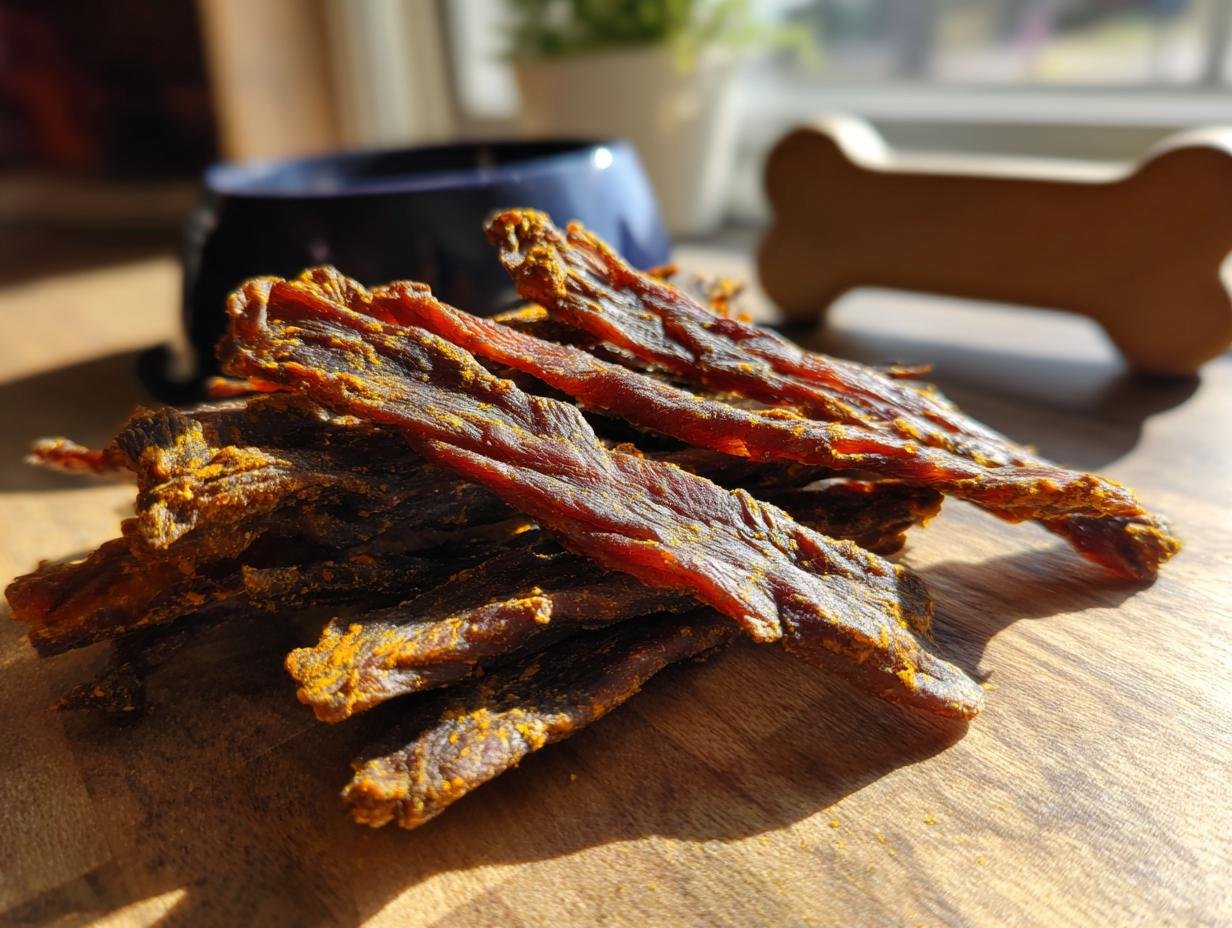 A close-up of a pile of homemade Beef Pumpkin Spice Jerky on a wooden surface.