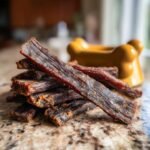 A close-up of a stack of homemade Beef Pumpkin Spice Jerky strips on a speckled countertop.
