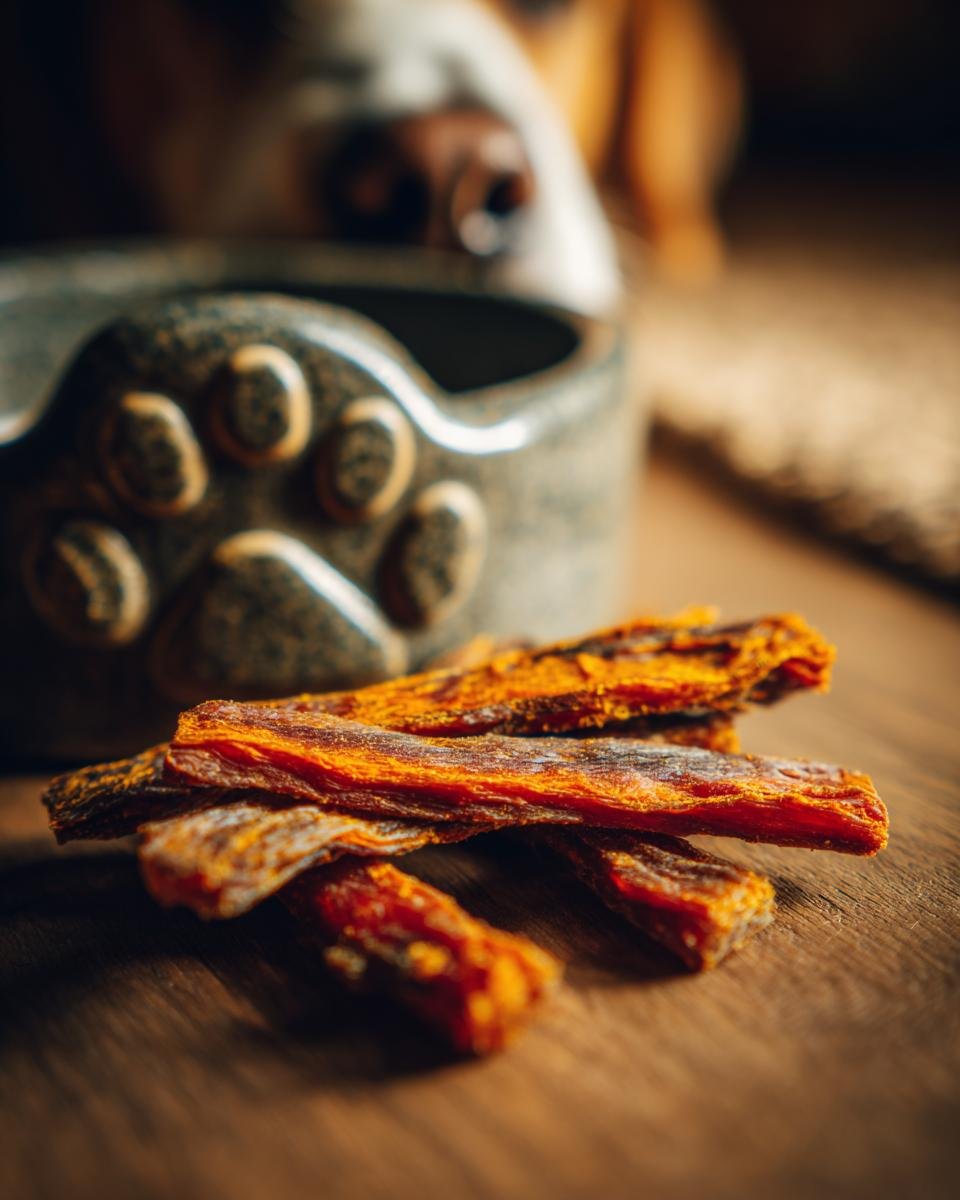 Close-up of Beef Pumpkin Weight Gain Jerky strips on a wooden surface, with a dog's nose and a paw-print bowl blurred in the background.