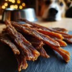 A pile of beef pumpkin weight gain jerky sticks on a dark slate, with a dog looking on in the background.