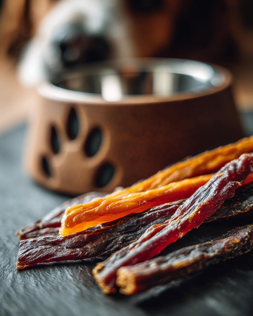 Close-up of Beef Pumpkin Weight Gain Jerky sticks, a healthy dog treat, with a blurred dog bowl in the background.