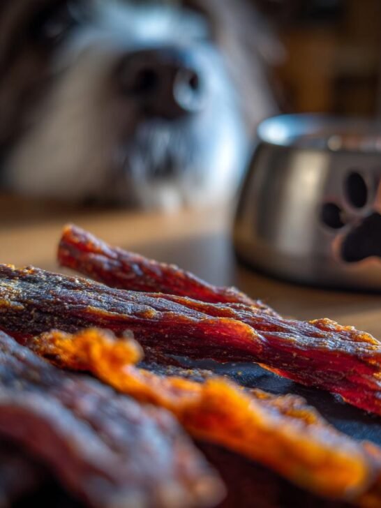 Close-up of Beef Pumpkin Weight Gain Jerky for dogs, with a dog and food bowl in the background.