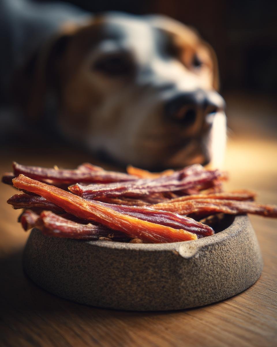 A bowl of Beef Pumpkin Weight Gain Jerky with a dog in the background.