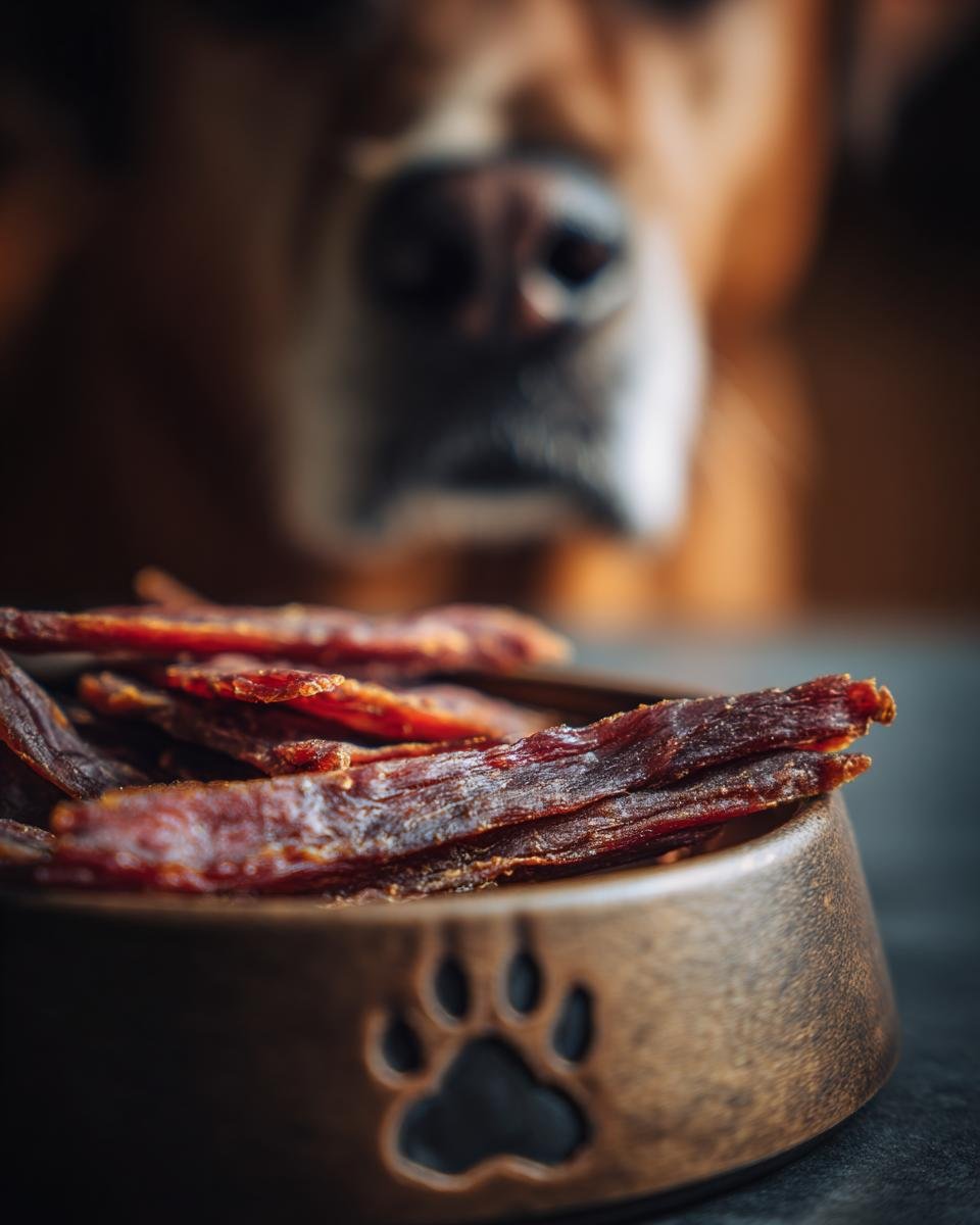 A bowl of Beef Pumpkin Weight Gain Jerky with a dog's nose in the background.