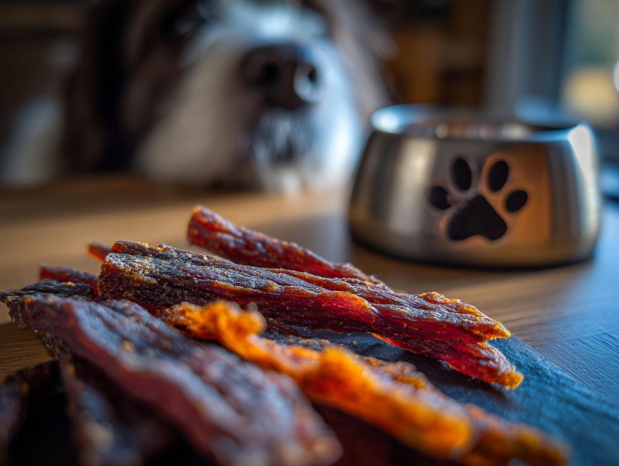 Close-up of Beef Pumpkin Weight Gain Jerky for dogs, with a dog and food bowl in the background.