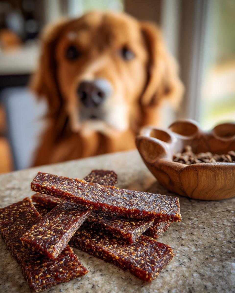 A pile of Beef Quinoa Power Jerky sticks on a counter, with a golden retriever dog in the blurred background.