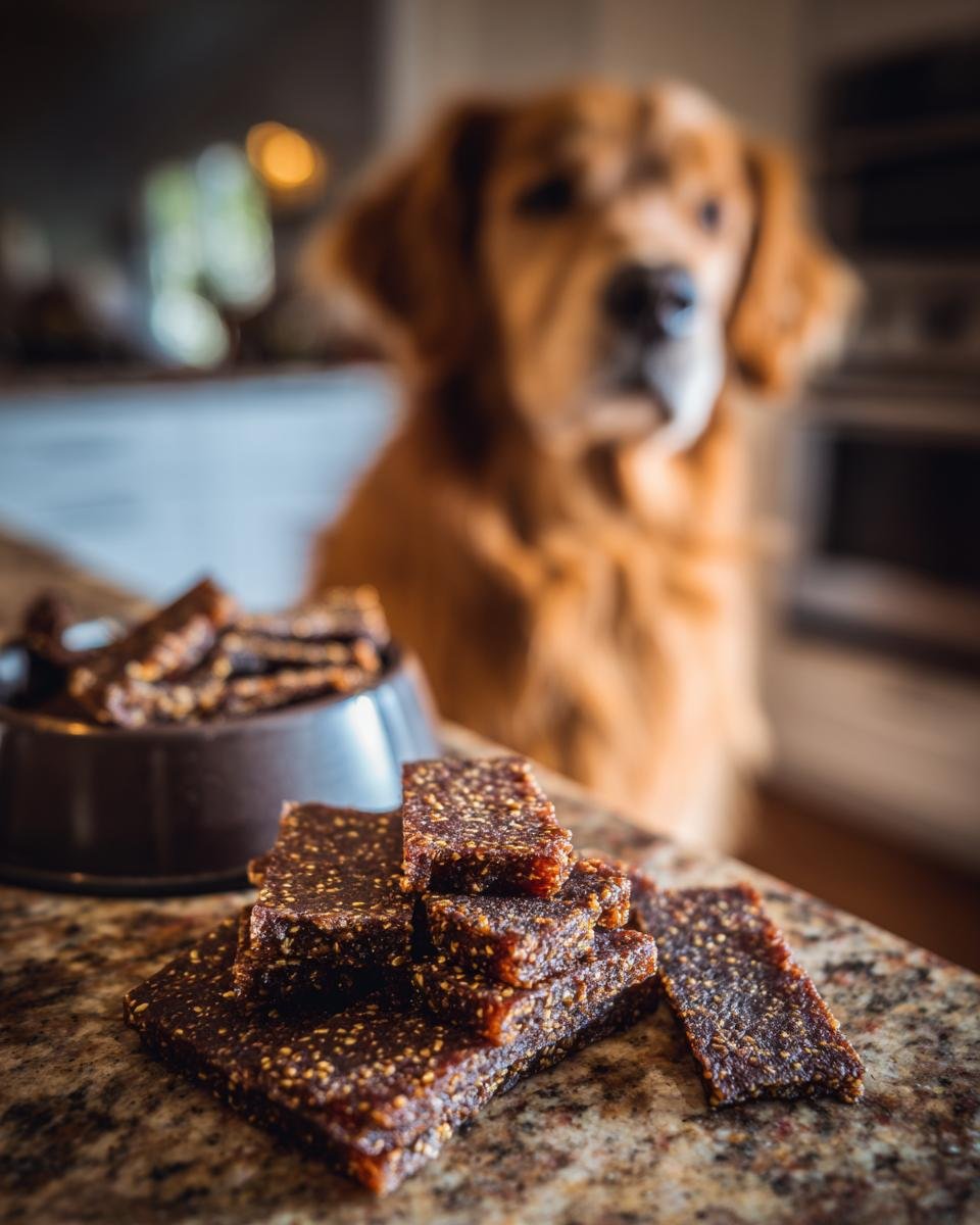 Stack of Beef Quinoa Power Jerky bars with a golden retriever dog in the background.