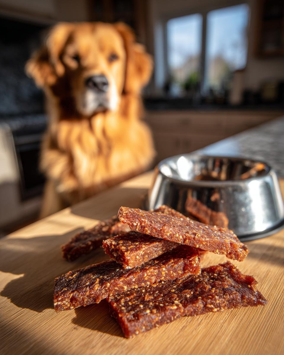 A stack of Beef Quinoa Power Jerky treats on a wooden surface, with a golden retriever and a dog bowl in the blurred background.