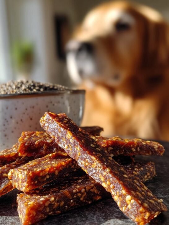 A pile of Beef Quinoa Power Jerky sticks coated in sesame seeds, with a bowl of seeds and a dog in the background.