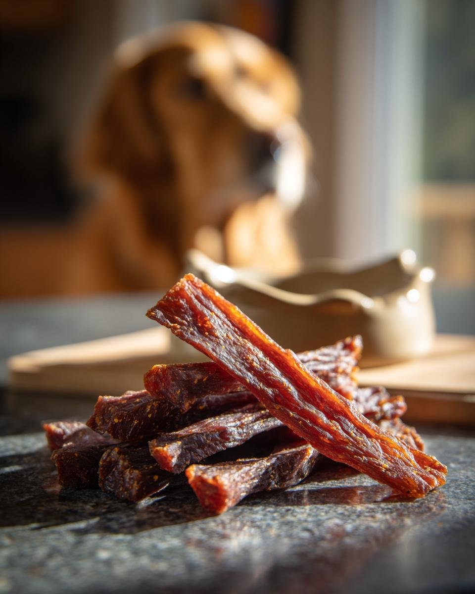A pile of Beef Quinoa Power Jerky strips on a dark countertop, with a dog blurred in the background.