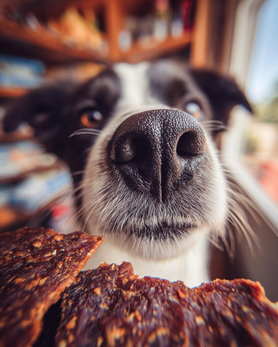 A dog's nose is very close to pieces of Beef Spinach Iron Jerky.