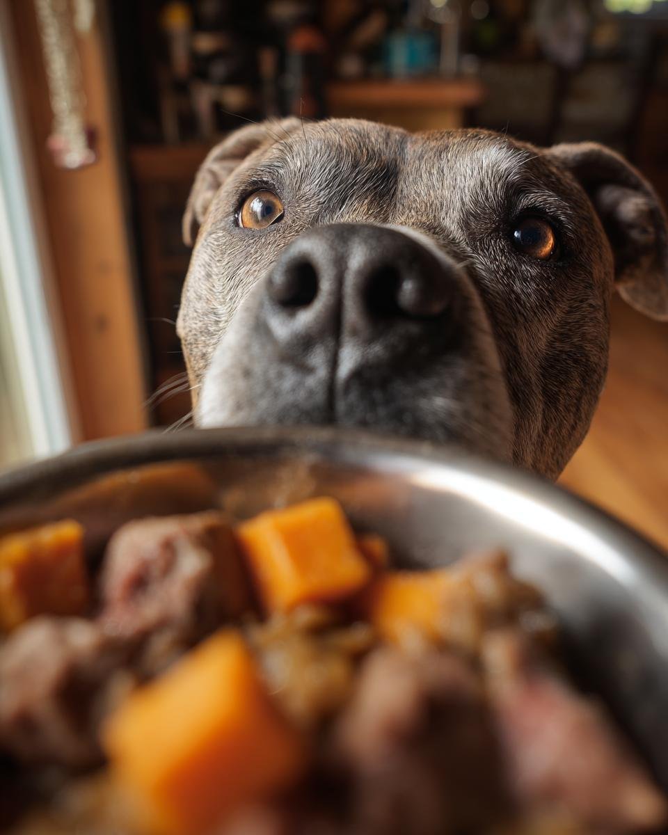 A dog's face is close to the camera, looking intently at a bowl of beef and sweet potato comfort dish.