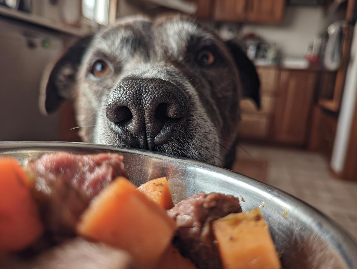 A dog's face is close to a bowl of beef and sweet potato comfort dish, with its nose almost touching the food.