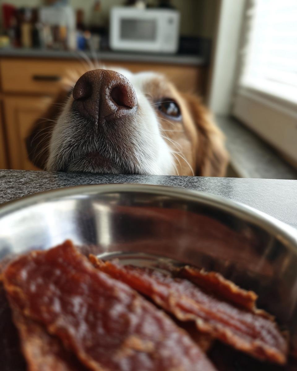 A dog's nose and eyes are in focus, peering over a counter at a bowl of Beef Sweet Potato Protein Jerky.