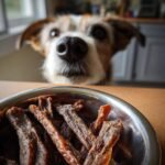 A dog looking intently at a bowl filled with Beef Sweet Potato Protein Jerky.