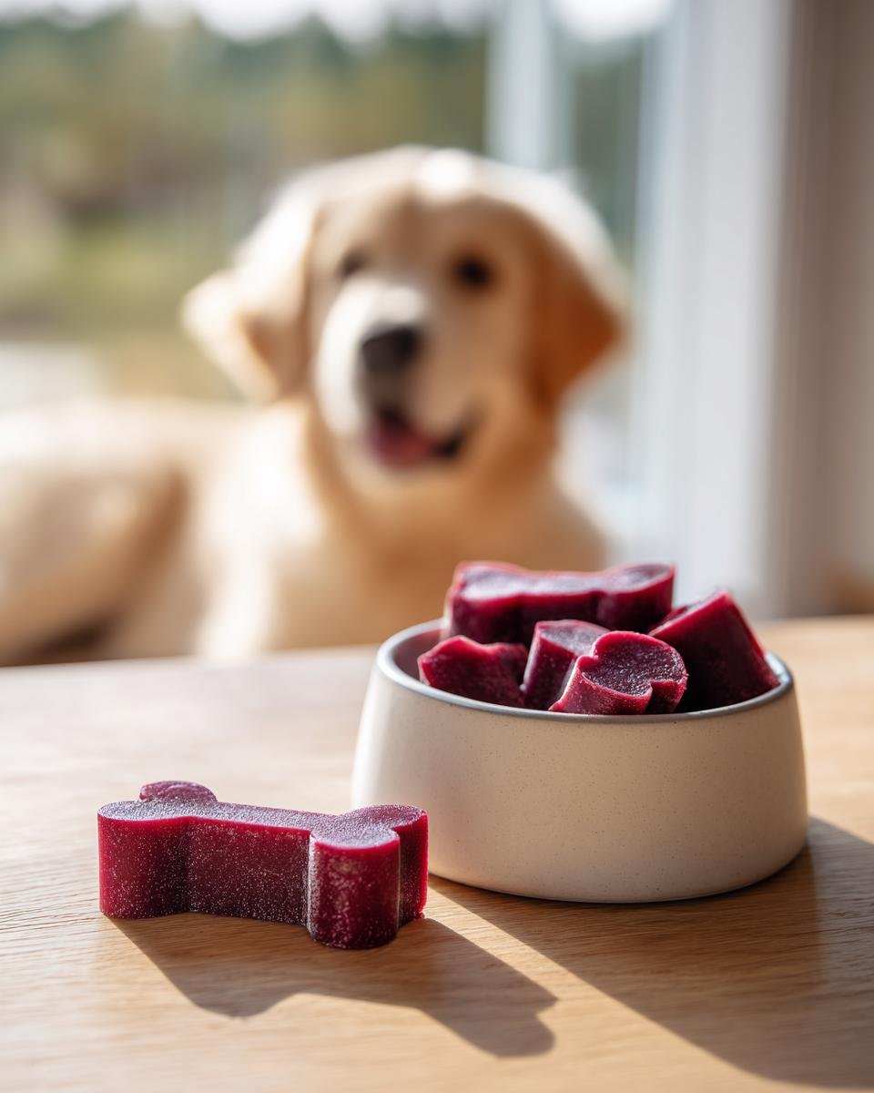A bone-shaped beetroot bone broth circulation gummy for dogs sits next to a bowl of similar treats, with a happy Golden Retriever in the background.