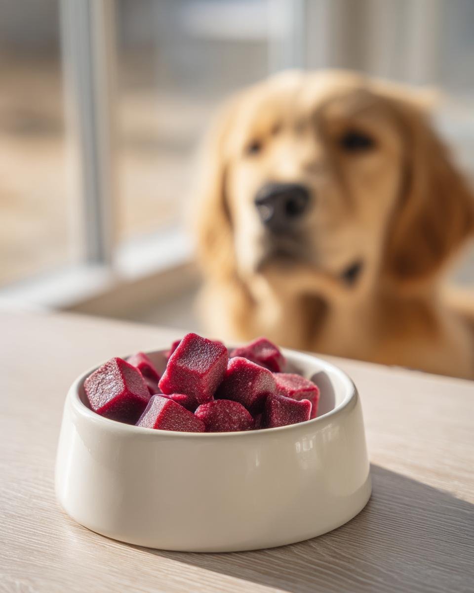 A white bowl filled with deep red Beetroot Bone Broth Circulation Gummies for Dogs, with a golden retriever looking on in the background.