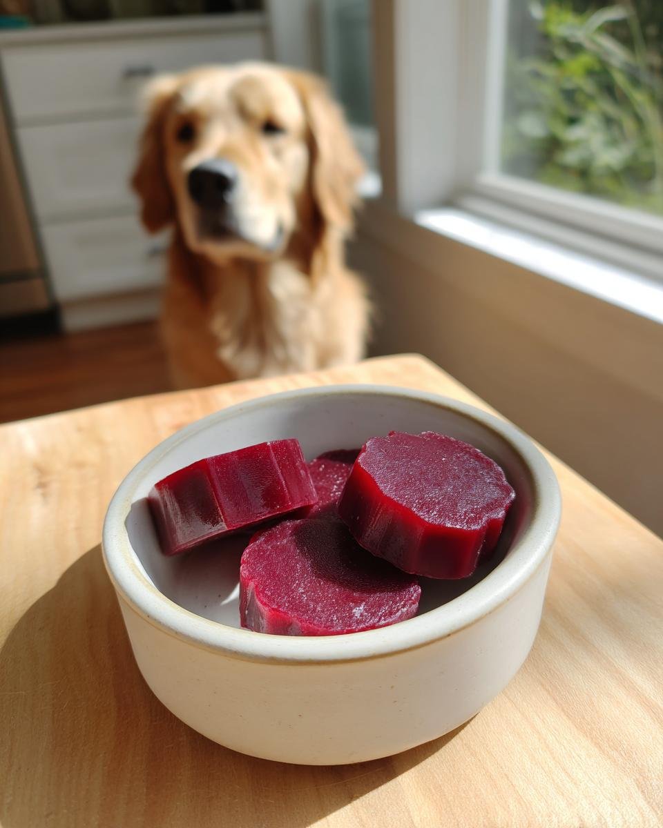 Four dark red Beetroot Bone Broth Circulation Gummies for Dogs in a small bowl, with a Golden Retriever watching in the background.