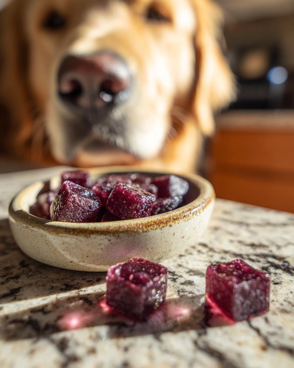 A golden retriever looks intently at a small bowl of deep purple Berry Blast Bone Broth Gummies for Dogs.