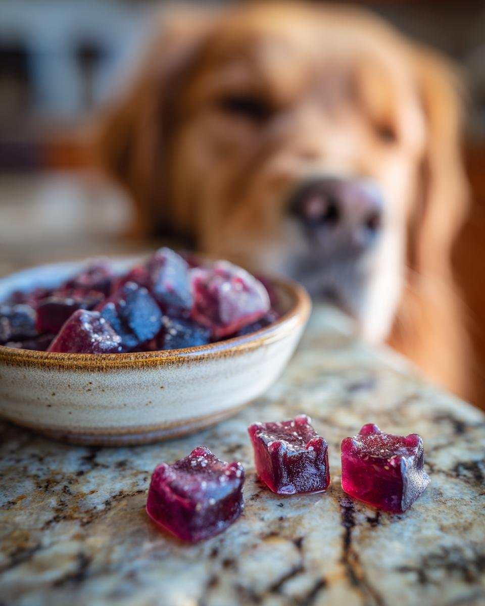Close-up of homemade Berry Blast Bone Broth Gummies for Dogs next to a bowl, with a curious dog in the background.