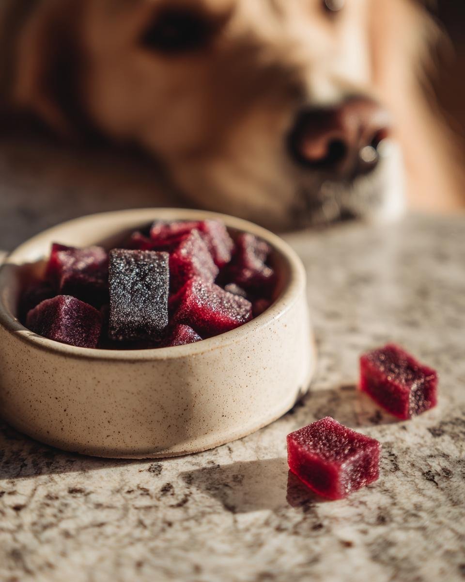 Close-up of deep red Berry Blast Bone Broth Gummies for Dogs in a small ceramic bowl, with a dog looking on in the background.