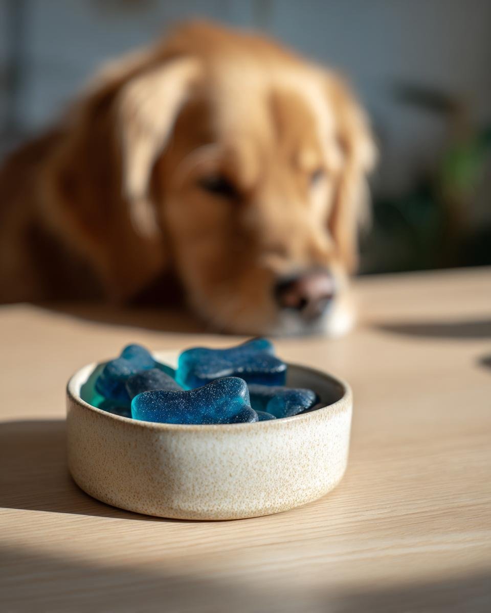 A bowl of blue spirulina bone broth gummies for dogs with a golden retriever looking on in the background.