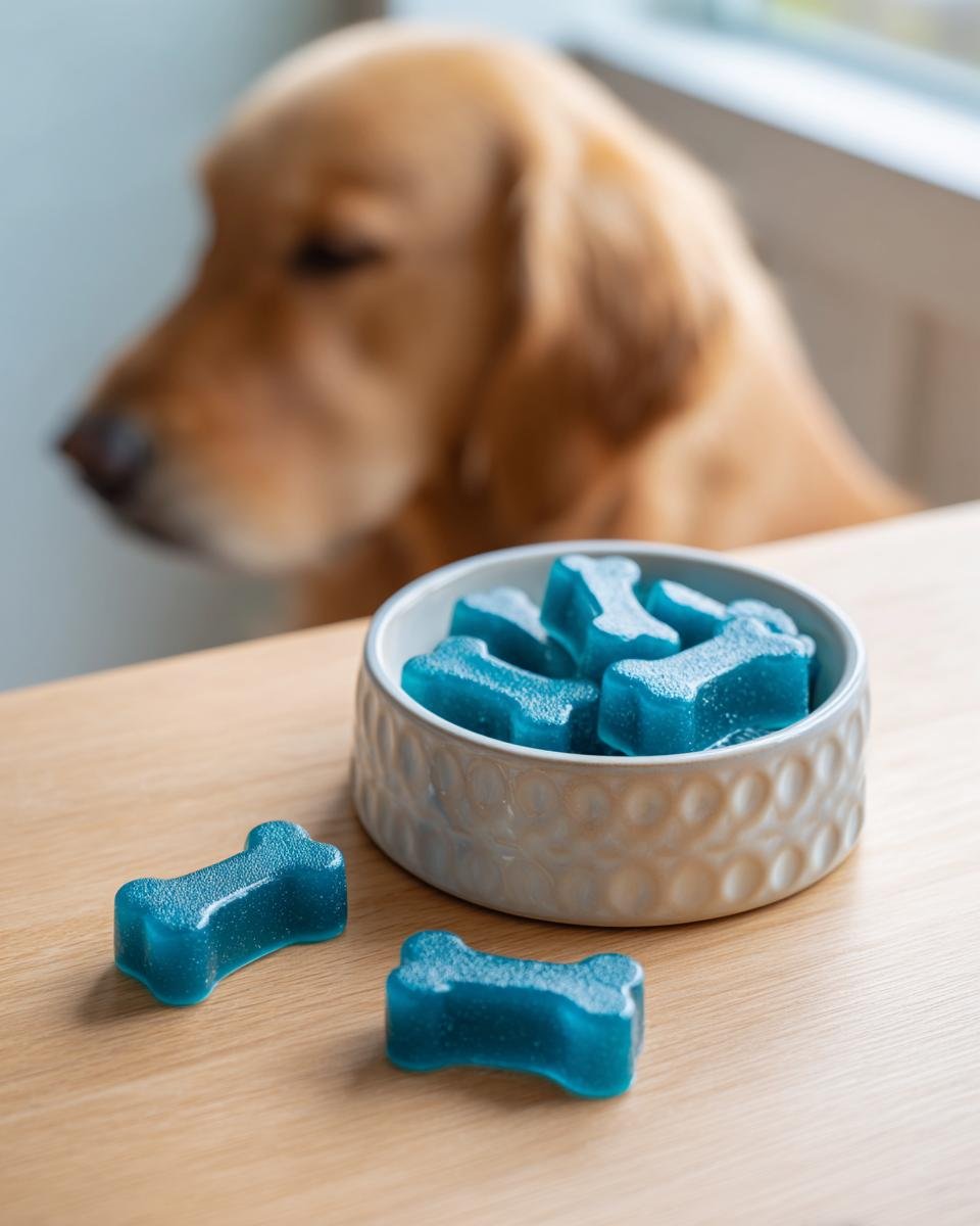 Close-up of bright blue, bone-shaped Blue Spirulina Bone Broth Gummies for Dogs in a bowl with a dog waiting in the background.
