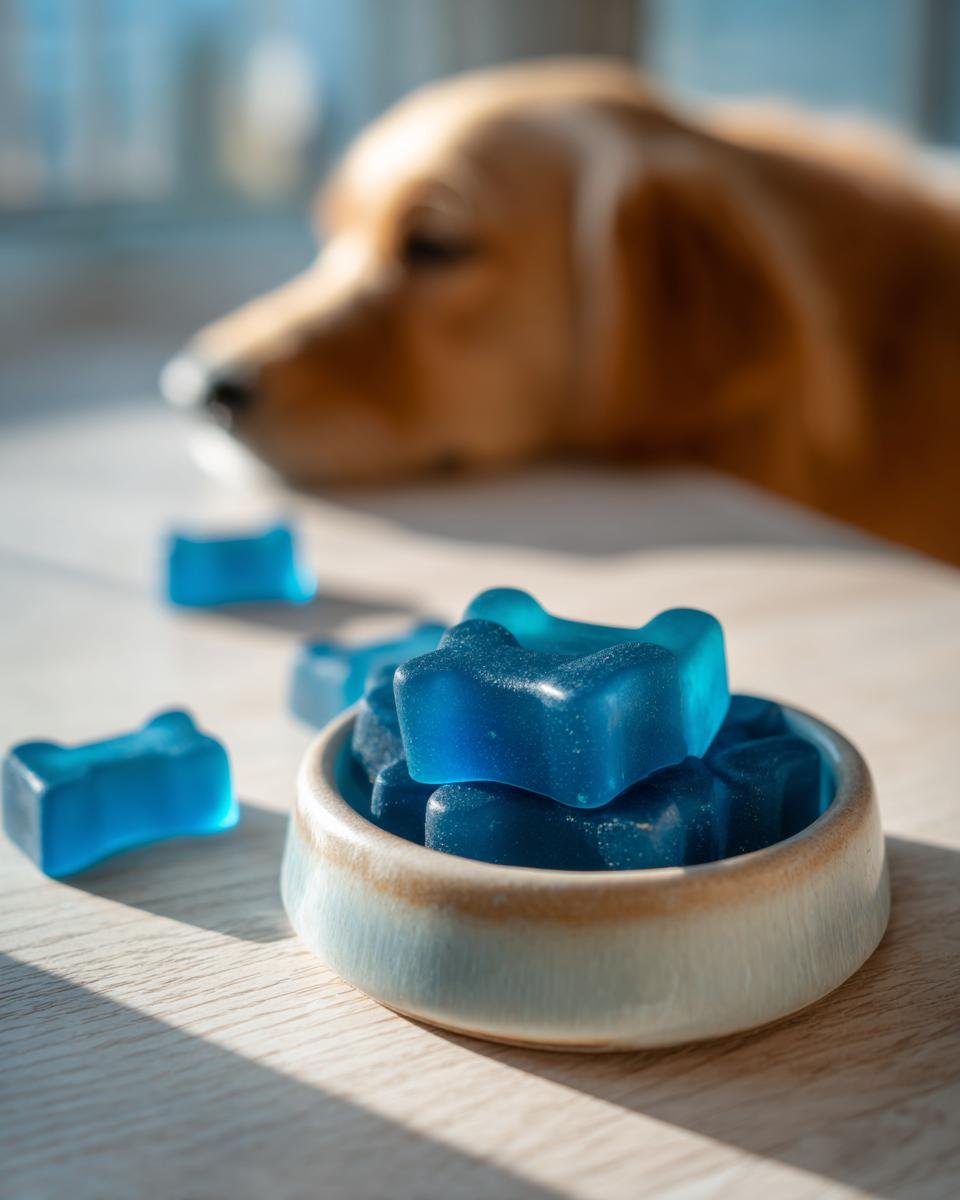 Close-up of bright blue, bone-shaped Blue Spirulina Bone Broth Gummies for Dogs in a small bowl, with a golden dog blurred in the background.
