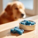 Bone-shaped, bright blue Blue Spirulina Bone Broth Gummies for Dogs on a wooden table with a dog watching in the background.