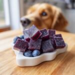 Close-up of Blueberry Bone Broth Antioxidant Gummies next to fresh blueberries, with a dog looking on in the background.