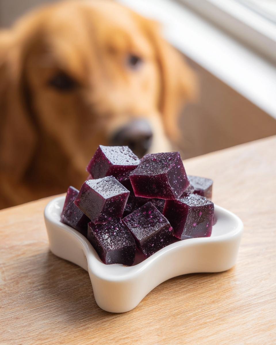 A pile of dark purple Blueberry Bone Broth Antioxidant Gummies for Dogs in a white dish, with a golden retriever looking on.