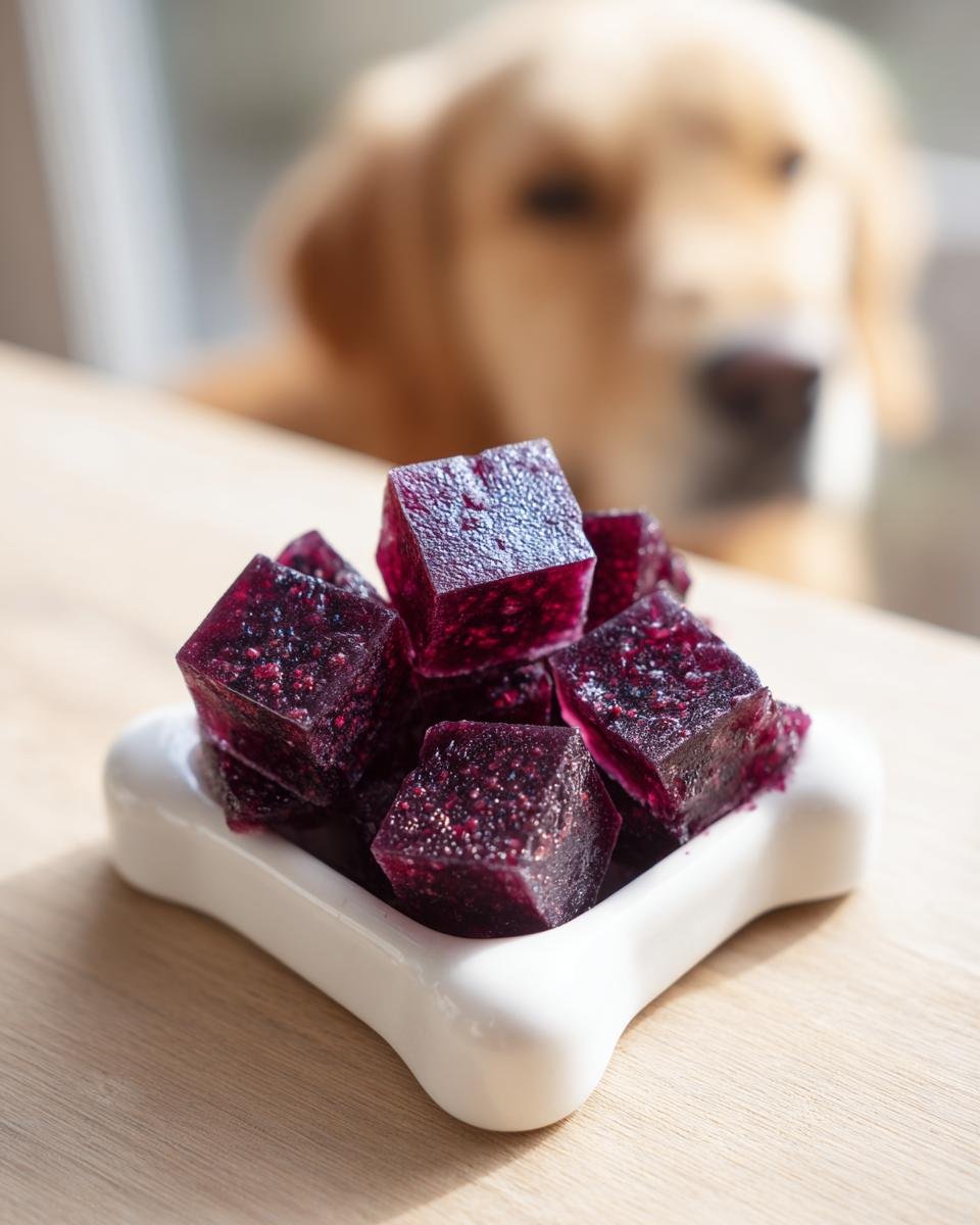 Close-up of dark purple Blueberry Bone Broth Antioxidant Gummies in a bone-shaped dish, with a dog looking on in the background.