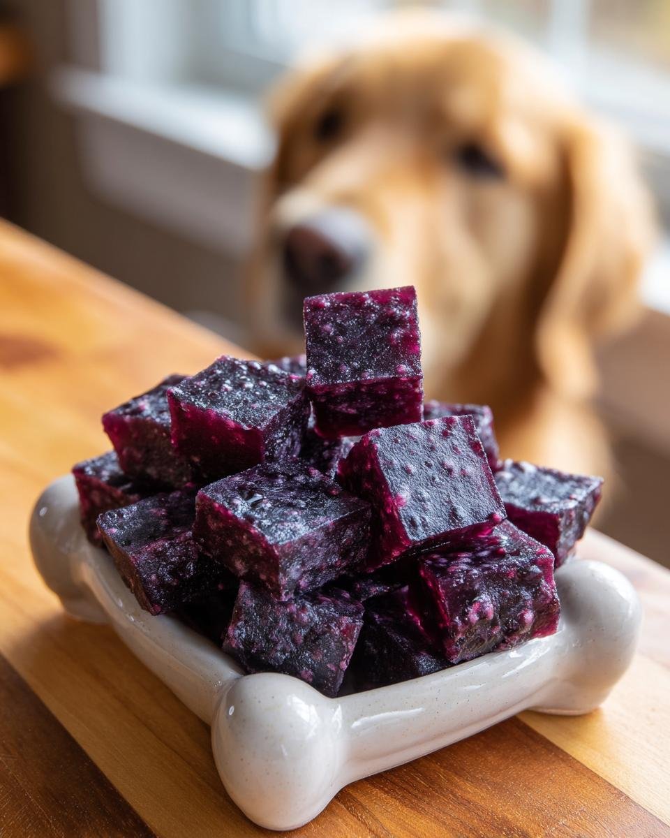 A pile of dark purple Blueberry Bone Broth Antioxidant Gummies for Dogs in a bone-shaped dish, with a golden retriever looking on.