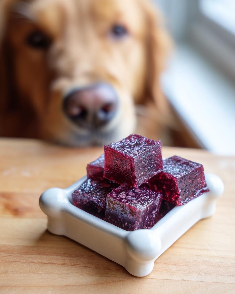 Close-up of deep purple Blueberry Bone Broth Antioxidant Gummies in a white bone-shaped dish, with a golden retriever watching in the background.
