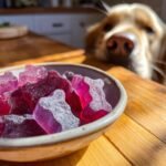 A bowl of purple and pink Blueberry & Cranberry Bone Gummy Treats for dogs, with a golden retriever looking intently in the background.