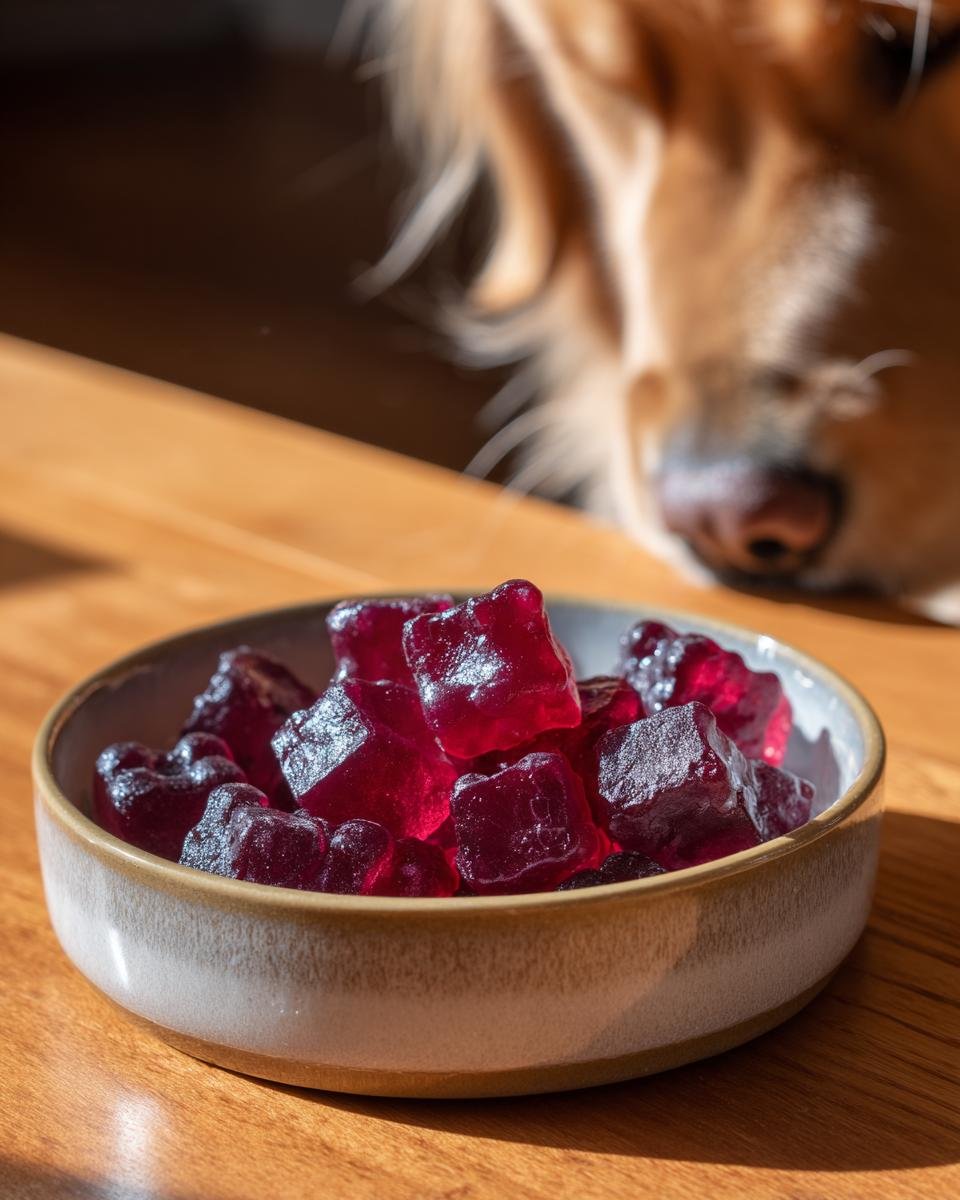 A bowl filled with deep red Blueberry & Cranberry Bone Gummy Treats for Dogs, with a curious dog sniffing in the background.