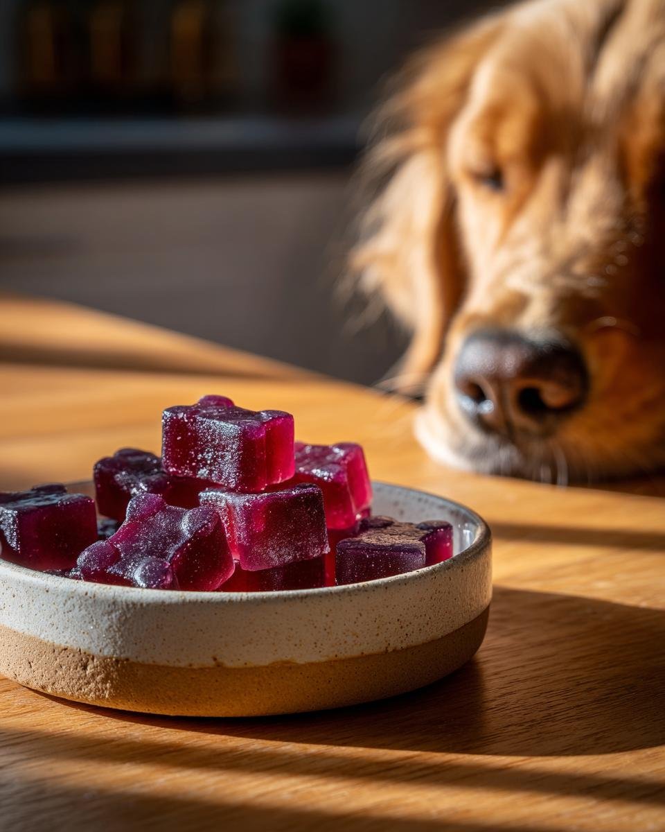 A dog eagerly looks at a bowl of dark purple Blueberry & Cranberry Bone Gummy Treats.