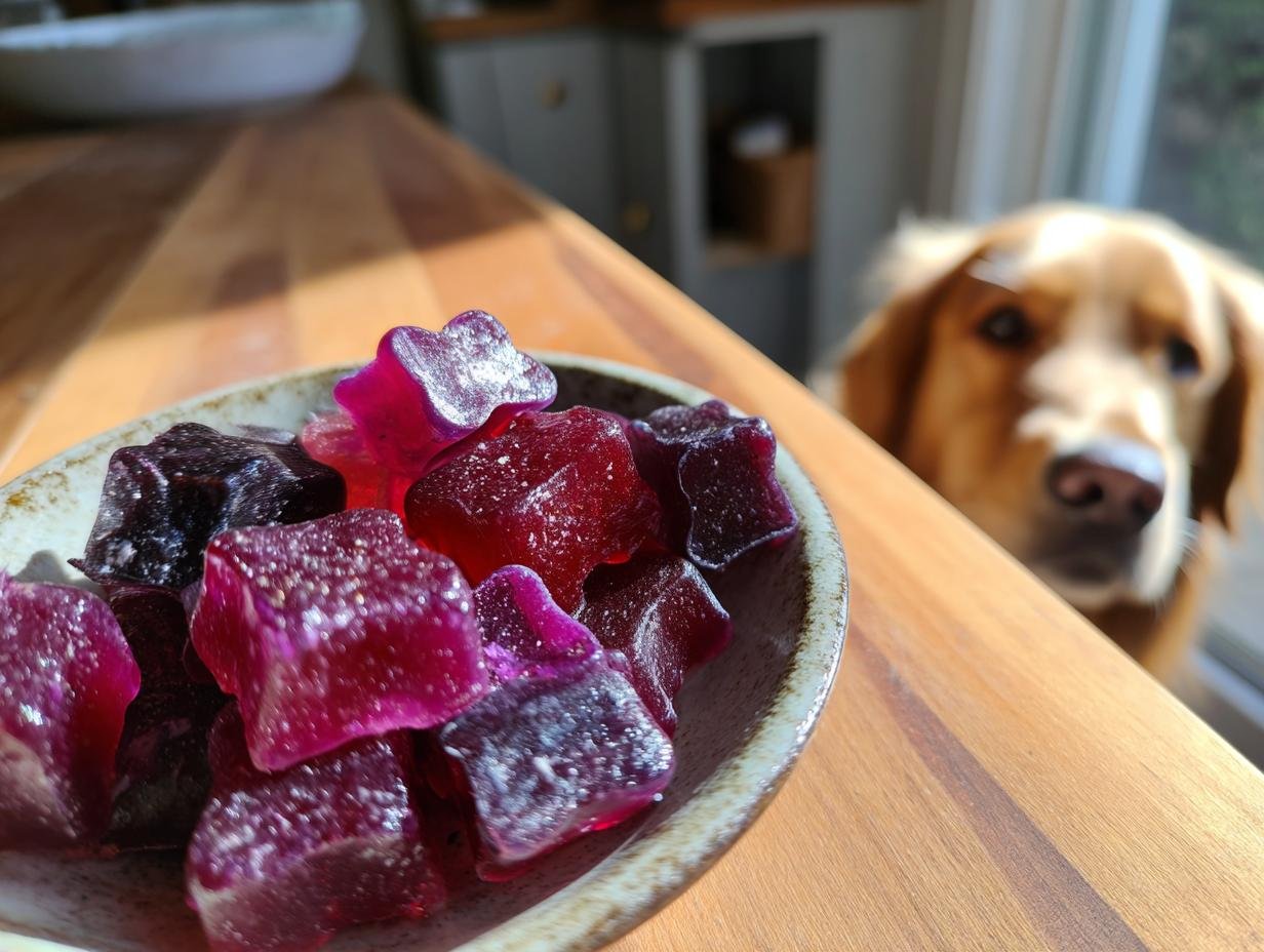 Close-up of purple Blueberry & Cranberry Bone Gummy Treats for Dogs in a bowl, with a golden retriever looking on.