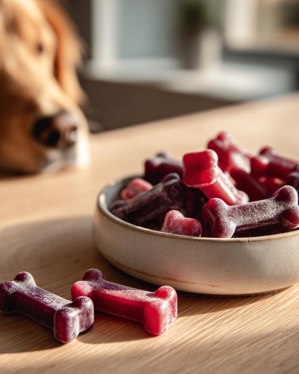 Close-up of bone-shaped Blueberry & Cranberry Bone Gummy Treats for Dogs with a golden retriever watching in the background.