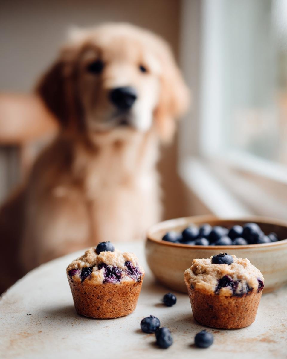 Two small blueberry muffins with a bowl of blueberries and a golden retriever puppy in the background, suggesting Homemade Turkey and Blueberry Antioxidant Kibbles.