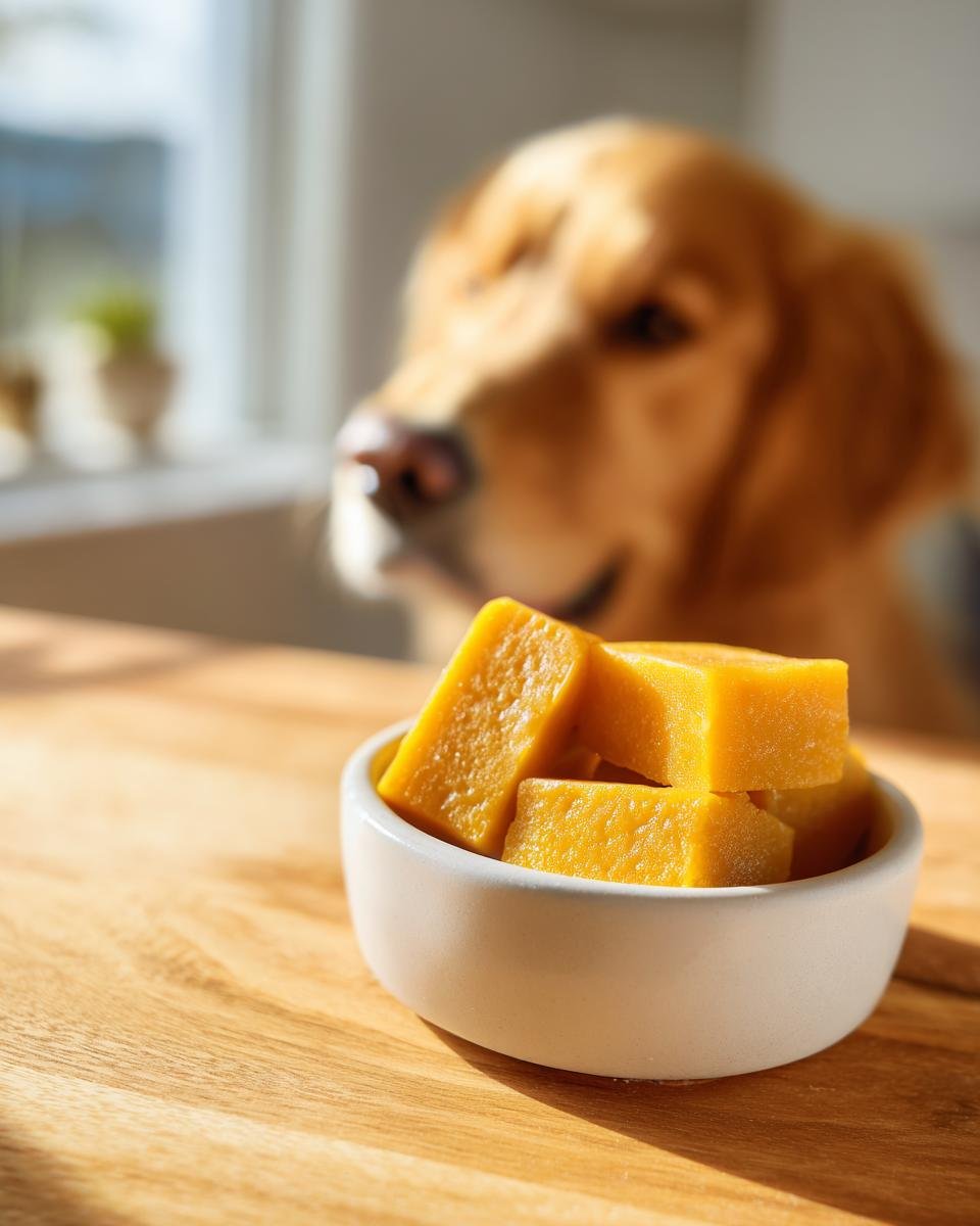 A white bowl of yellow Bone Strength Bone Broth Gummy Bones with a curious Golden Retriever in the background.