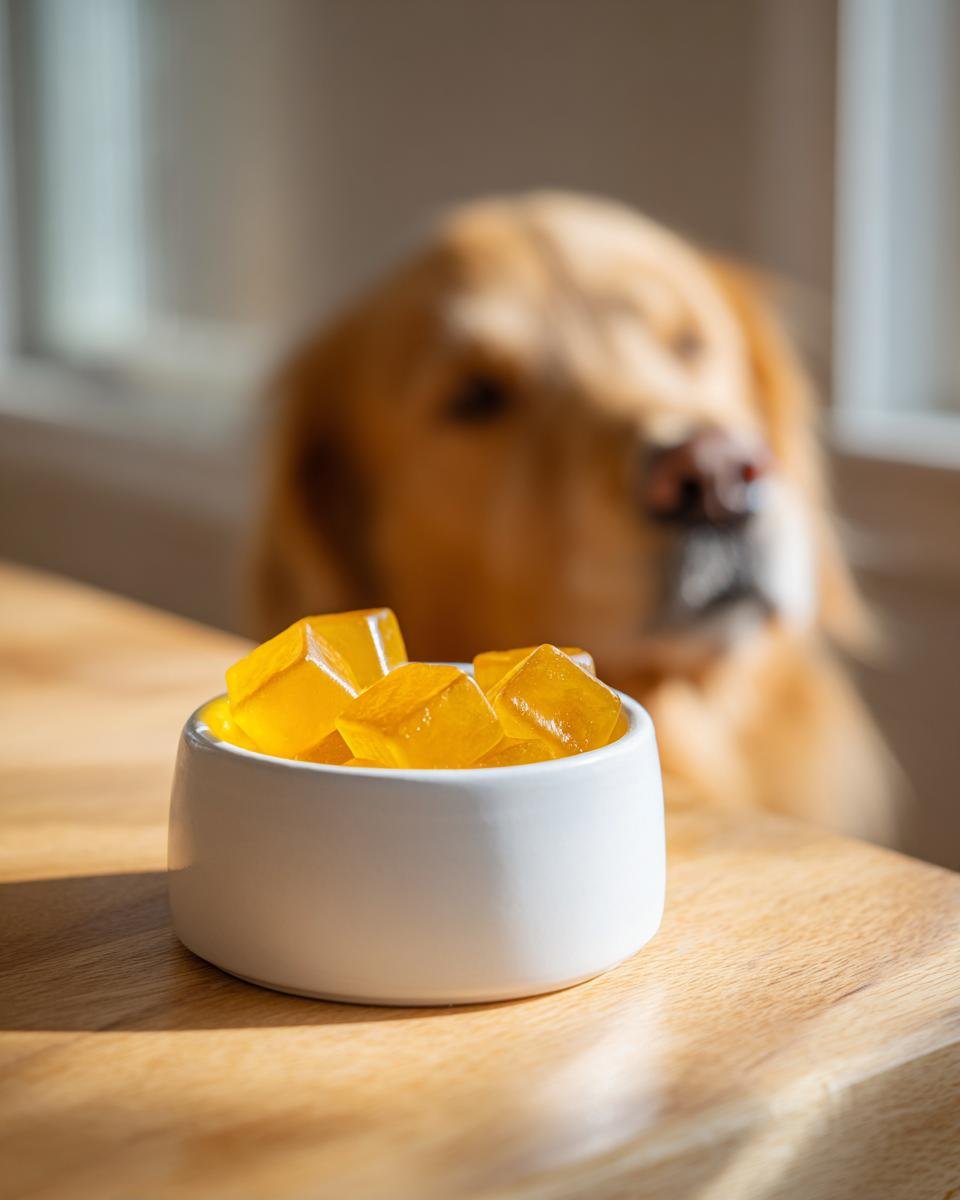 Yellow, translucent Bone Strength Bone Broth Gummy Bones in a white bowl with a golden retriever looking on.