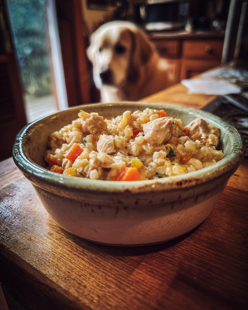 A bowl of Homemade Chicken and Barley Slow Bake Dinner Kibble with visible chicken chunks and carrots, watched by a Golden Retriever in the background.
