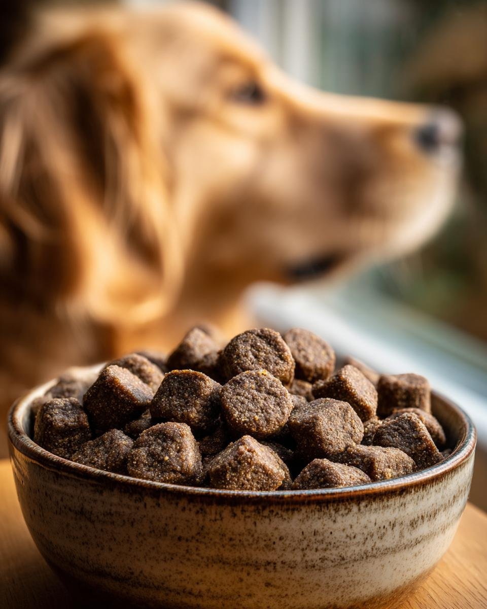 A close-up of a bowl filled with Homemade Beef and Lentil Strong Bone Kibble Bites, with a blurry Golden Retriever in the background.