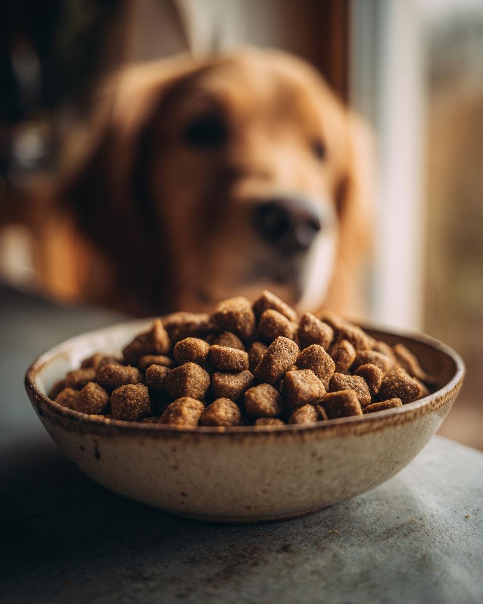 A close-up of a bowl filled with Homemade Chicken and Chickpea Protein Packed Kibbles, with a golden retriever looking on in the background.