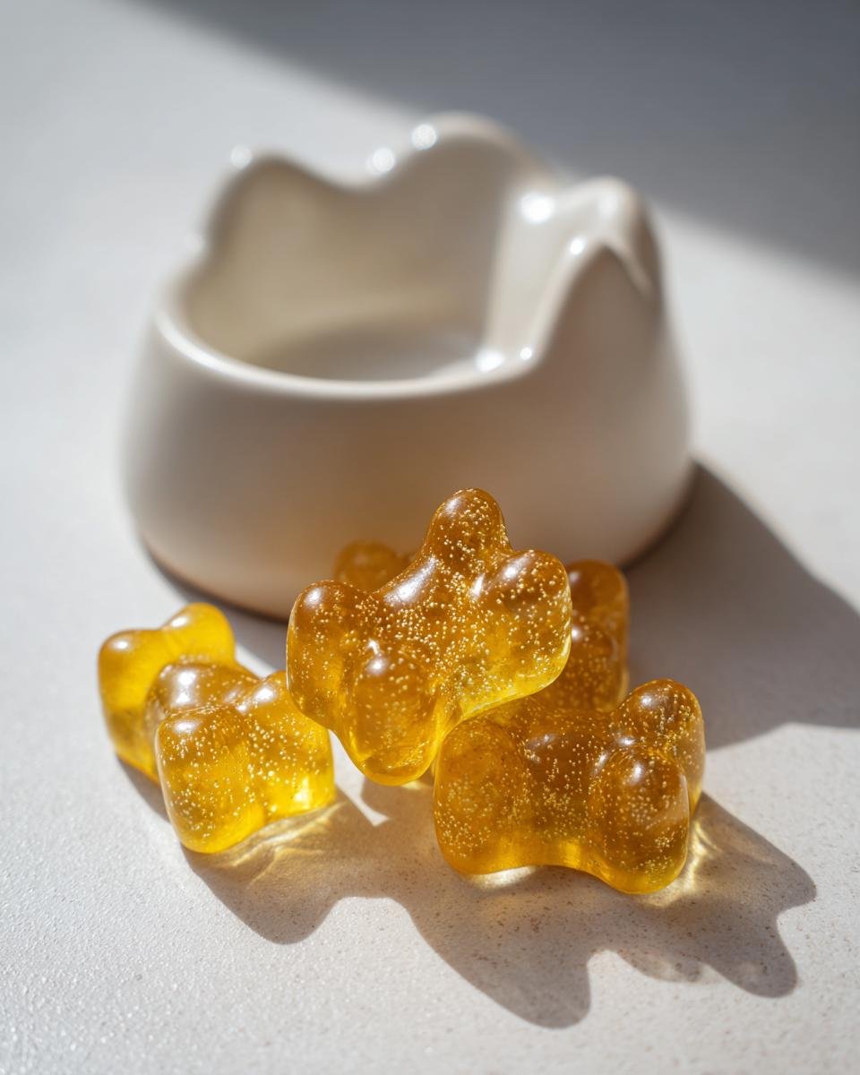 Close-up of amber, bone-shaped Calcium Boost Bone Broth Gummies for Dogs with small bubbles inside.