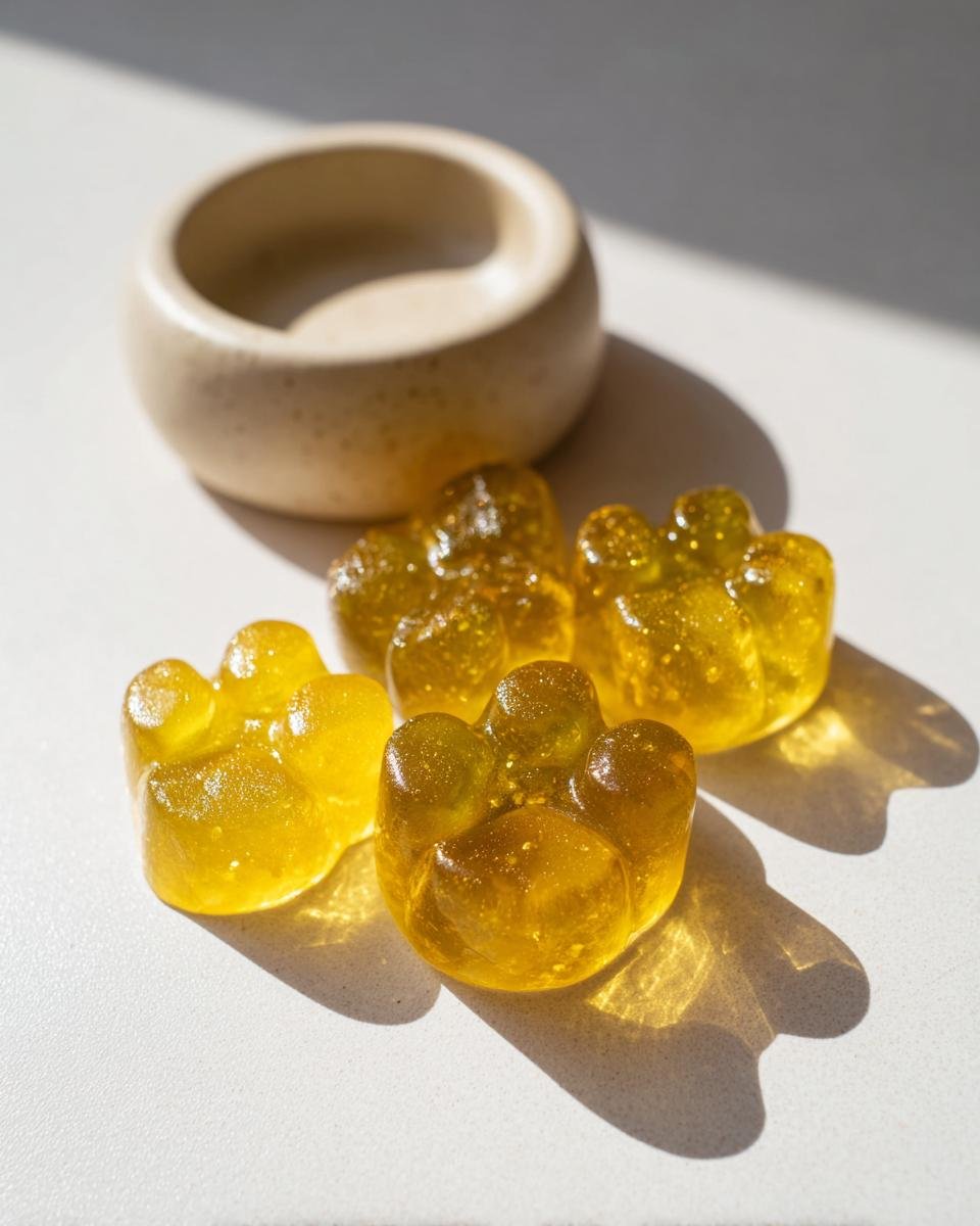 Three translucent yellow, paw-shaped Calcium Boost Bone Broth Gummies for Dogs sitting next to a small ceramic dish.