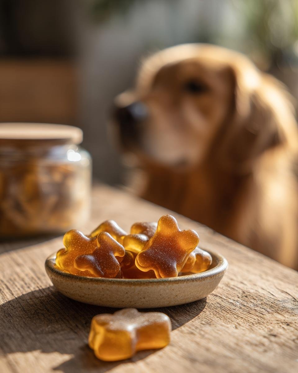 Close-up of bone-shaped Calcium & Collagen Bone Broth Gummies for dogs in a small bowl, with a Golden Retriever looking on.