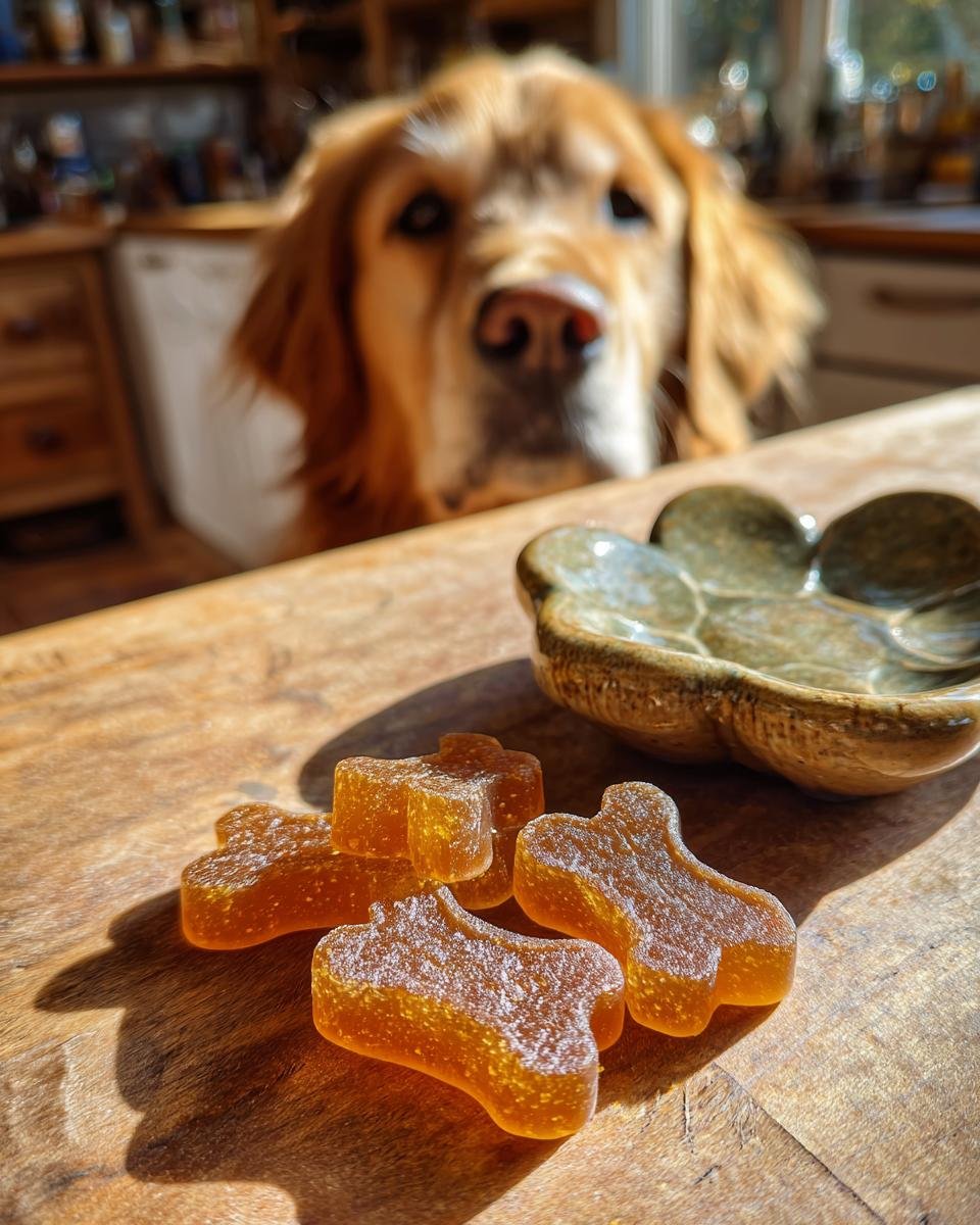 Close-up of dog bone shaped Calcium & Collagen Bone Broth Gummies with a Golden Retriever looking on.