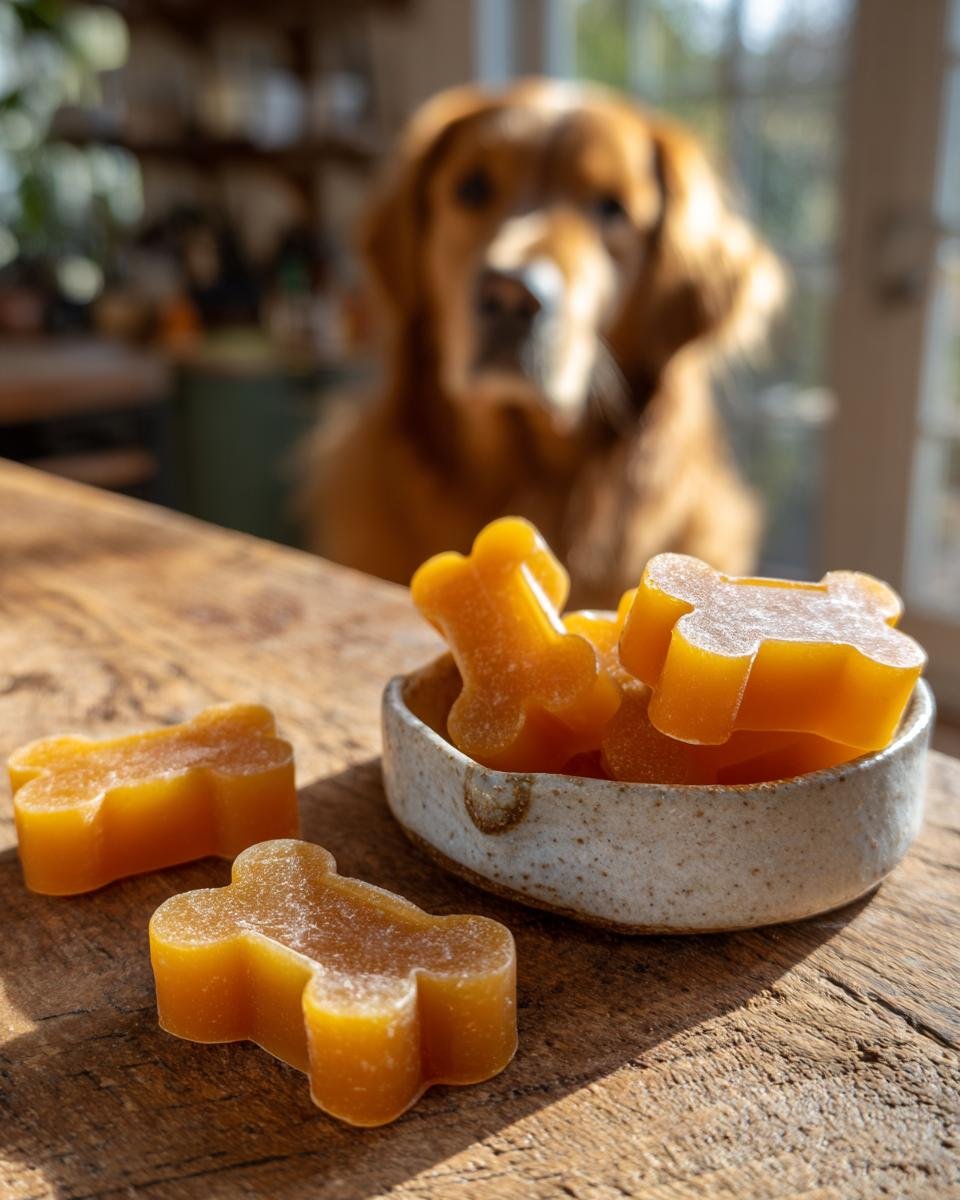Bone-shaped orange gummies, likely Calcium & Collagen Bone Broth Gummies for Dogs, in a bowl with a dog watching in the background.